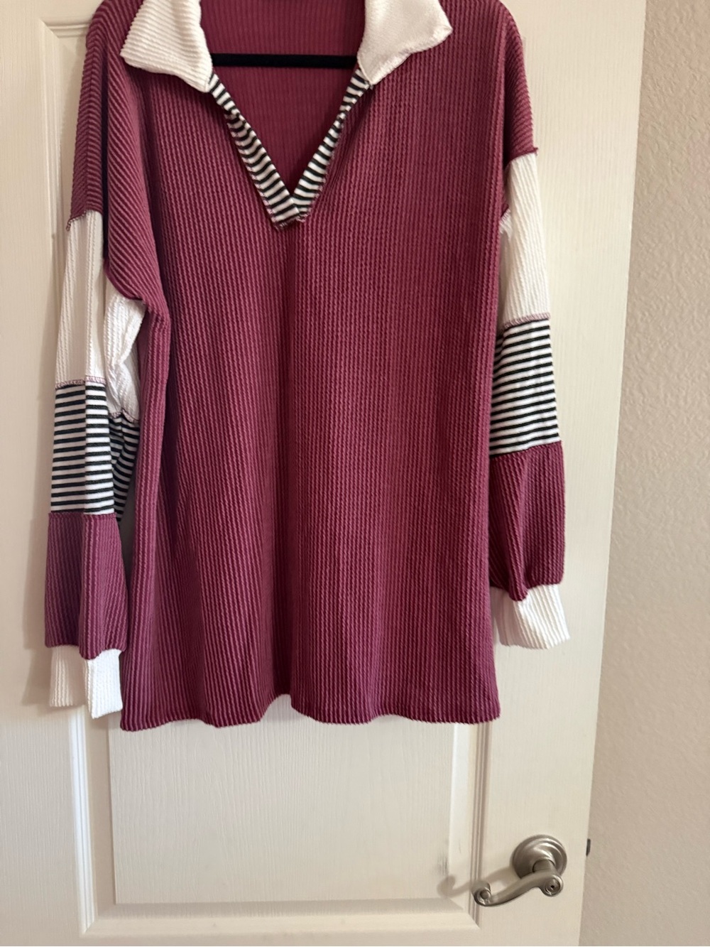 HEIMISH USA Dusty Rose Ribbed V-Neck Long Sleeve Top with White & Black Stripes